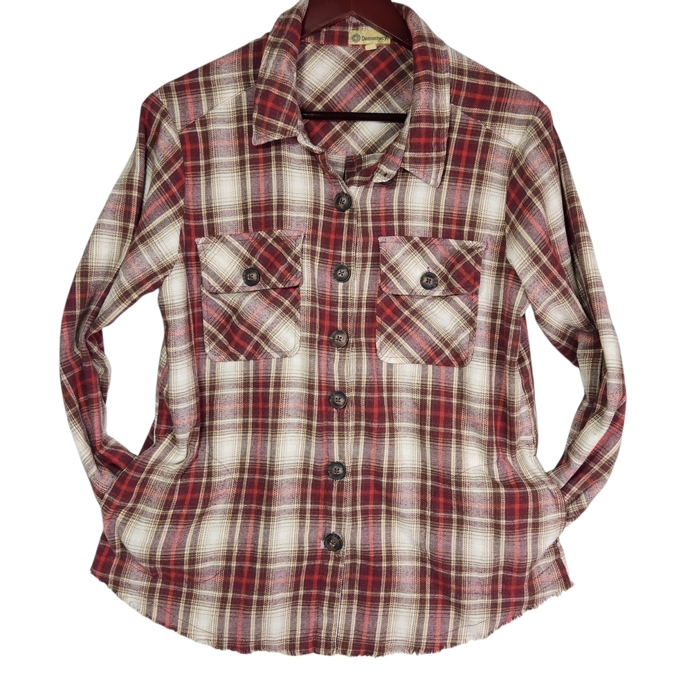 Democracy Burgundy and Red Boyfriend Fit Plaid Flannel Shirt With Pockets Small